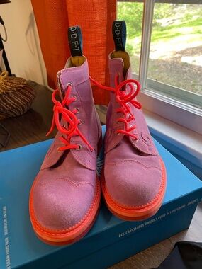 John Fluevog Lilac Suede Lace-Up Boots with Pink-Orange Soles